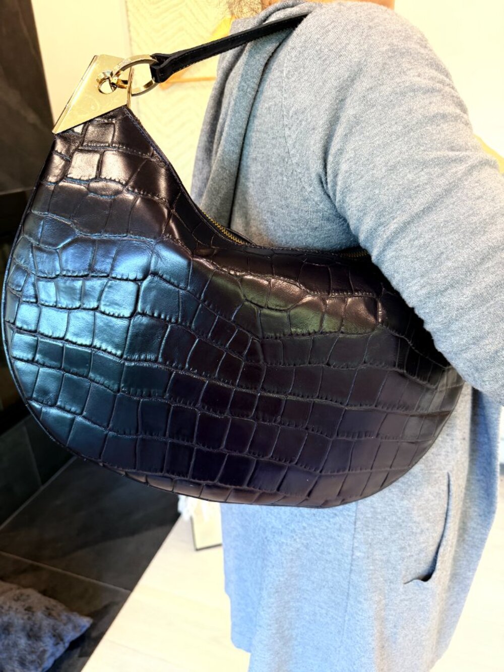 NWOT Ekatrina New York Black Croc Embossed Hobo Shoulder Bag